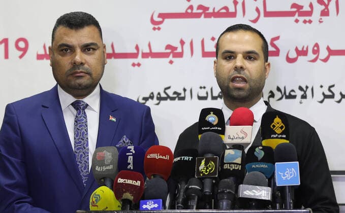April 5, 2020, Gaza City, Gaza Strip, Palestinian Territory: Palestinians from the Ministry of Health and Interior attend a press conference about the coronavirus, in Gaza city, on April 5, 2020 Gaza City Palestinian Territory - ZUMAap3_ 20200405_zaf_ap3_008 Copyright: xMahmoudxNasserx
