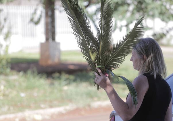 Coronavirus in Brasilien, motorisierte Prozession zum Beginn der Karwoche in Campo Mourao CAMPO MOURÃO, PR - 05.04.2020: COVID 19 ESPANTA FIES NO DOMINGO DE RAMOS - Catholics in Campo Mourão, in the Midwest Region of Paraná, celebrated Palm Sunday? beginning of Holy Week? from the gate into the residences. The faithful placed a green branch on the gates of the houses waiting for the passage of the Most Holy. Due to the recommendation of social isolation due to the Covid-19 pandemic, a disease caused by the coronavirus, a priest held a small procession blessing the homes and people of neighborhoods close to the city center. In the photo, faithful celebrate Palm Sunday from the gate of their homes. x1901716x  DirceuxPortugal