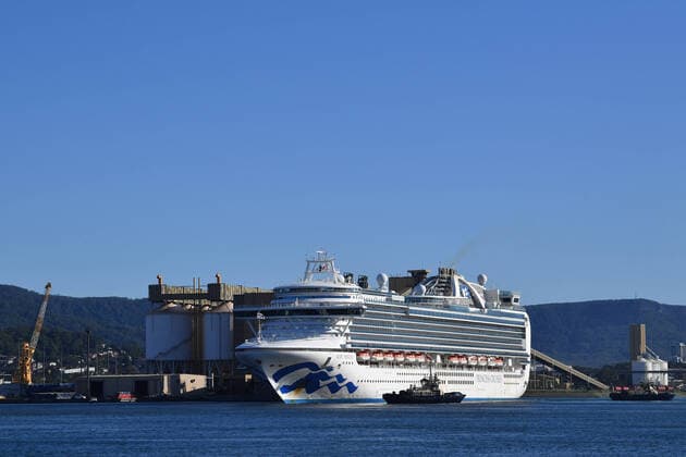 RUBY PRINCESS COVID-19 EVACUATIONS, The Ruby Princess, with crew only onboard, docks at Port Kembla, Wollongong, Monday, April 6, 2020. A criminal investigation will be launched into how cruise line operator Carnival Australia was allowed to disembark Ruby Princess passengers in Sydney, resulting in several deaths and COVID-19 outbreaks throughout the country. ( NO ARCHIVING, EDITORIAL USE ONLY, NO USE IN BOOKS WITHOUT CONSENT SYDNEY NSW AUSTRALIA Copyright: xDEANxLEWINSx 20200406001461957915