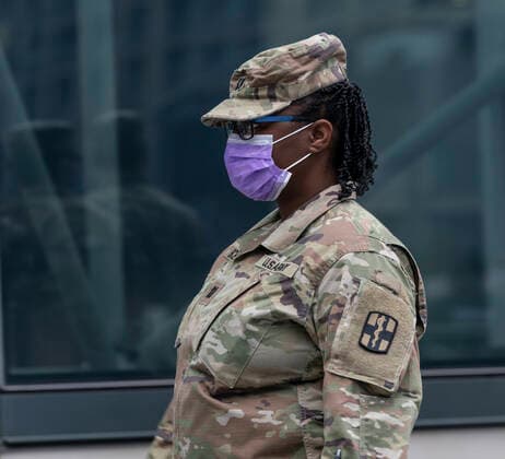 Mayor Bill de Blasio welcomes medical personnel US National Guards member arrives to the Jacob Javits Center where temporary hospital has been set up to treat patients New York New York United States Copyright: LevxRadin