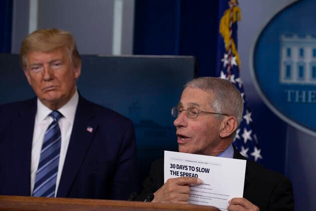 News Themen der Woche KW13 News Bilder des Tages April 5, 2020, Washington, District of Columbia, USA: United States President Donald J. Trump listens as Director of the National Institute of Allergy and Infectious Diseases at the National Institutes of Health Dr. Anthony Fauci speaks at the coronavirus briefing at the White House Washington, D.C., U.S., on Sunday, April 5, 2020. The next two weeks will be crucial in the United States fight against the coronavirus, warn health officials, who are urging Americans to continue practicing social-distancing measures. .Credit: Pool via CNP Washington USA - ZUMAs152 20200405_zaa_s152_037 Copyright: xTasosxKatopodisx