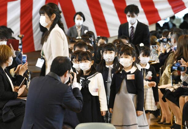 New coronavirus New students wear face masks during an enrollment ceremony at Kosai Elementary School in Sapporo, Japan, on April 6, 2020, amid concerns over coronavirus infections. (Pool photo) 