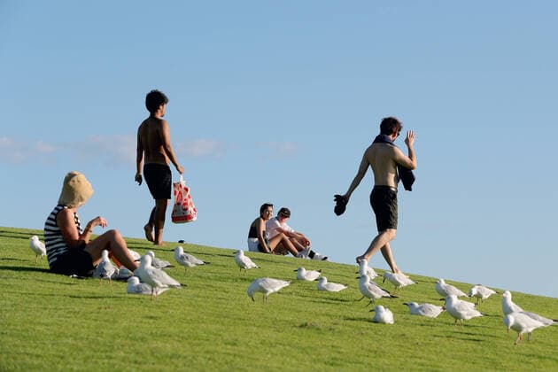 AUSTRALIA CORONAVIRUS COVID-19, Members of the public are seen on a hill overlooking Scarborough Beach in Perth, Monday, April 6, 2020. Beaches in Perth remain open but people must still adhere to social distancing rules. ( NO ARCHIVING, EDITORIAL USE ONLY, NO USE IN BOOKS WITHOUT CONSENT PERTH WA AUSTRALIA  Copyright: xRICHARDxWAINWRIGHTx 20200406001462004750