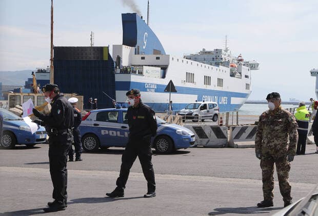 The Catania Grimaldi ferry that brought at home 105 Italians citizens evaquated from Tuinisia arrives in the harbor as military and police wait for check the passengers. In Italy the lockdown still continue Government Decree declaring all of Italy a protected area to combat covid-19 - coronavirus infection, closing schools, public offices and shops.  Copyright: xCarloxHermannx xIPAx xKontrolabx