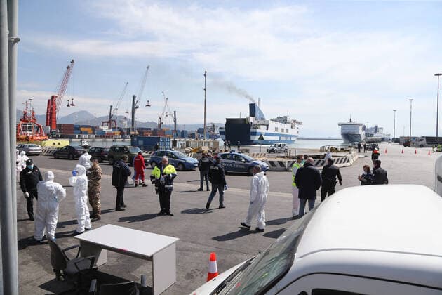 The Catania Grimaldi ferry that brought at home 105 Italians citizens evaquated from Tuinisia arrives in the harbor as paramedics, military and police wait for check the passengers. In Italy the lockdown still continue Government Decree declaring all of Italy a protected area to combat covid-19 - coronavirus infection, closing schools, public offices and shops.  Copyright: xCarloxHermannx xIPAx xKontrolabx