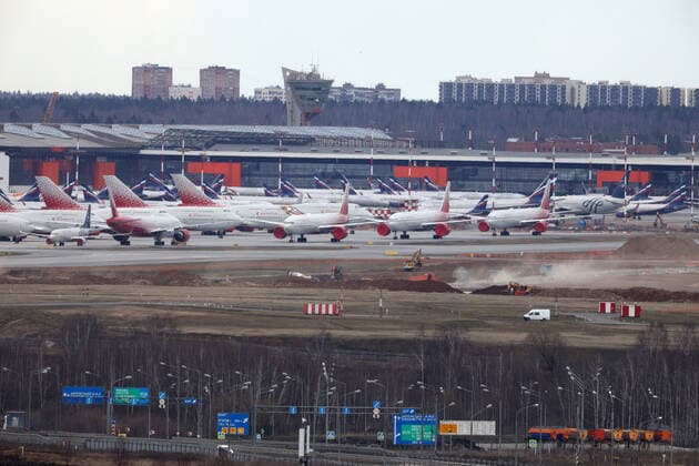 MOSCOW REGION, RUSSIA - APRIL 6, 2020: Rossiya Airlines planes at Sheremetyevo International Airport. On March 27, the Russian government ordered an international flight ban amid the ongoing COVID-19 pandemic, with the exception of charter flights to evacuate Russian citizens from abroad. On April 4, Russia abandoned the previous mass evacuation strategy in favour of a more specific list-based approach to each particular flight. As of April 6, Russian airports report a decline in passenger traffic reaching 89%, compared to the same period in 2019. Marina Lystseva TASS  TS0D49E2