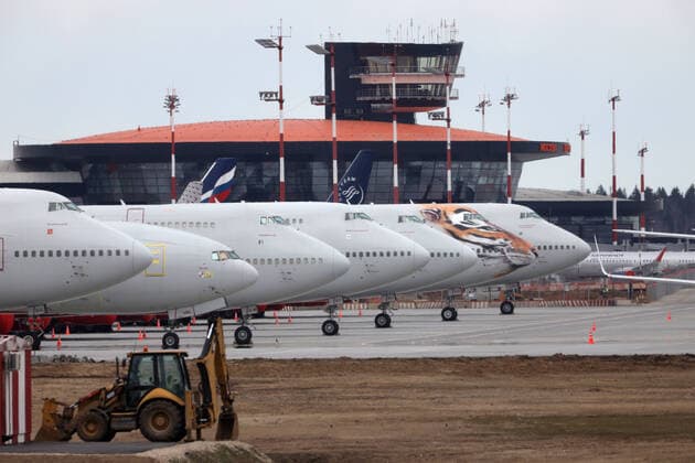 MOSCOW REGION, RUSSIA - APRIL 6, 2020: Rossiya Airlines planes at Sheremetyevo International Airport. On March 27, the Russian government ordered an international flight ban amid the ongoing COVID-19 pandemic, with the exception of charter flights to evacuate Russian citizens from abroad. On April 4, Russia abandoned the previous mass evacuation strategy in favour of a more specific list-based approach to each particular flight. As of April 6, Russian airports report a decline in passenger traffic reaching 89%, compared to the same period in 2019. Marina Lystseva TASS  TS0D49DD