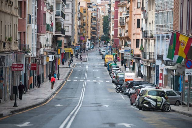 April 6, 2020, Malaga, Spain: A view of an empty street on a Holy Monday in downtown Malaga..The traditional Easter celebration has been cancelled in Spain. Believers live an unusual Holy Week in their homes, for that reason many people decorate their balconies or place decorative statues of Christ in their shops and stores. After the alarm state and lockdown in the country by COVID-19 coronavirus all people are enclosed in their homes following the confinement decreed by the Spanish government and which will be extended for more 15 days until 26 April. Malaga Spain - ZUMAs197 20200406_zaa_s197_031 Copyright: xJesusxMeridax