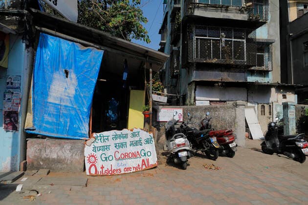 April 6, 2020, Mumbai: 06 April 2020 : - Mumbai - INDIA..Go Corona Go Barricade at a slum in Mumbai asking outsiders not to enter the neighborhood .As the number of Covid 19 cases spurt, Slum residents are fearful that the virus will spread unchecked in the slums because of the dense Slum population it is difficult to maintain Social distancing. Mumbai - ZUMAsu5_ 20200406_zap_su5_026 Copyright: xSubhashxSharmax