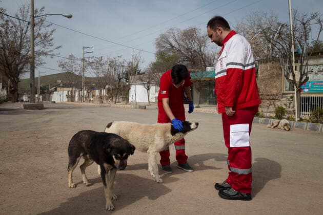 April 6, 2020, Tehran, Iran: Members of the Iranian Red Crescent s Volunteers Organization wearing face masks and protective suit attend the Hameh Sin (Torkaman) mountain village for sanitizing and screening villagers who may be infected by the novel coronavirus (COVID-19) disease in eastern Tehran, Iran. Media reported that Iran is one of the most affected by pandemic COVID-19 disease caused by the SARS-CoV-2 coronavirus. According to the latest reports by the Iranian Ministry of Health, over 3,700 people have died from the coronavirus infection throughout the country. Tehran Iran - ZUMAf146 20200406_zip_f146_006 Copyright: xRouzbehxFouladix