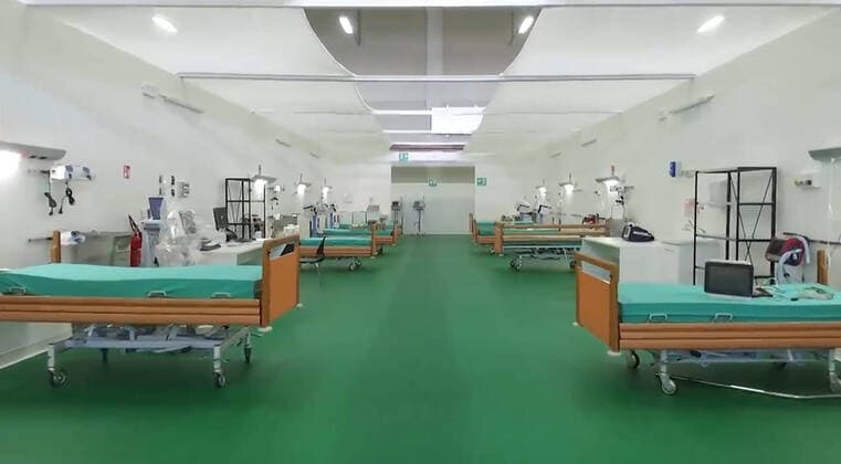 BERGAMO, ITALY - APRIL 6, 2020: A room at a 142-bed field hospital where Russian and Italian doctors have started to attend coronavirus patients. Best quality available. Video screen grab. Russian Defence Ministry TASS  TS0D4A42