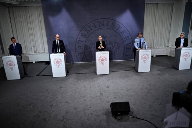 Prime Minister Mette Frederiksen S and directors of the National Board of Health Soeren Brostroem, Minister of Health and Elder Magnus Heunicke S, State Police Chief of the Thorkild Police Department April 6, 2020, Copenhagen Denmark,  Copyright: PhilipxDavali PhilipxDavalix cop222 spdk20200406-230105-L