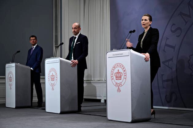 Prime Minister Mette Frederiksen S and directors of the National Board of Health Soeren Brostroem and Health and Elder Minister Magnus Heunicke S, as the Prime Minister will hold a press conference on COVID 19 in Denmark in the Mirror Room in the Prime Ministers Office on Monday, April 6, 2020, Copenhagen Denmark,  Copyright: PhilipxDavali PhilipxDavalix cop222 spdk20200406-230128-L