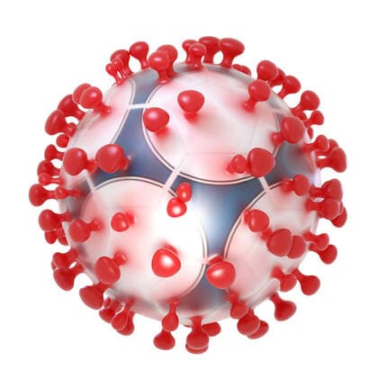 Symbolic 3D illustration of the coronavirus sars cov 2 and a soccer ball 1044005320