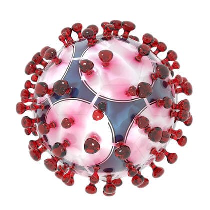 Symbolic 3D illustration of the coronavirus sars cov 2 and a soccer ball 1044005315