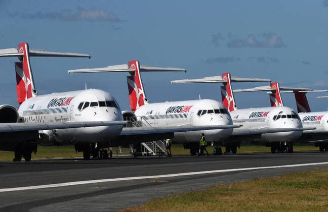 AUSTRALIA CORONAVIRUS COVID-19, Grounded Qantas aircraft are seen parked at Brisbane Airport in Brisbane, Tuesday, April 7, 2020. Brisbane Airport Corporation (BAC) is working with airlines by accommodating up to 100 grounded aircraft free of charge in response to government-mandated travel restrictions that have grounded a significant proportion of Australia s airline fleet because of the Coronavirus (COVID-19). ( NO ARCHIVING, EDITORIAL USE ONLY, NO USE IN BOOKS WITHOUT CONSENT BRISBANE QLD AUSTRALIA  Copyright: xDARRENxENGLANDx 20200407001462126127
