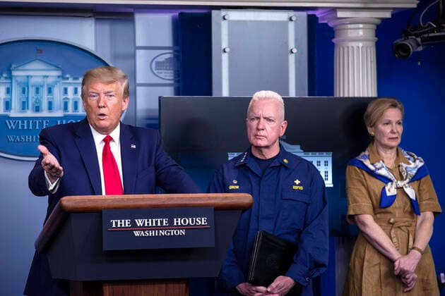 April 6, 2020, Washington, District of Columbia, USA: United States President Donald J. Trump, joined by members of the Coronavirus Task Force, delivers remarks on the COVID-19 pandemic in the James S. Brady Press Briefing Room of the White House in Washington D.C., U.S. on Monday, April 6, 2020. The United States has now reached 10,000 deaths caused by the novel Coronavirus, as officials debate the effectiveness of hydroxychloroquine, a drug used to treat malaria, to also treat the Coronavirus. Credit: CNP Washington USA - ZUMAs152 20200406_zaa_s152_043 Copyright: xStefanixReynoldsx