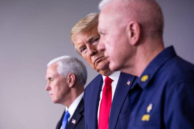 April 6, 2020, Washington, District of Columbia, USA: United States President Donald J. Trump, center, listens as Admiral Brett Giroir delivers remarks on the COVID-19 pandemic in the James S. Brady Press Briefing Room of the White House in Washington D.C., U.S. on Monday, April 6, 2020. The United States has now reached 10,000 deaths caused by the novel Coronavirus, as officials debate the effectiveness of hydroxychloroquine, a drug used to treat malaria, to also treat the Coronavirus. Credit: CNP Washington USA - ZUMAs152 20200406_zaa_s152_072 Copyright: xStefanixReynoldsx