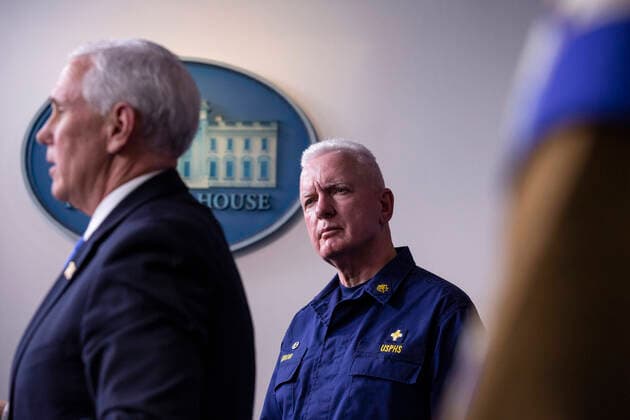 April 6, 2020, Washington, District of Columbia, USA: Admiral Brett Giroir, center, listens as United States Vice President Mike Pence delivers remarks on the COVID-19 pandemic in the James S. Brady Press Briefing Room of the White House in Washington D.C., U.S. on Monday, April 6, 2020. The United States has now reached 10,000 deaths caused by the novel Coronavirus, as officials debate the effectiveness of hydroxychloroquine, a drug used to treat malaria, to also treat the Coronavirus. Credit: CNP Washington USA - ZUMAs152 20200406_zaa_s152_075 Copyright: xStefanixReynoldsx