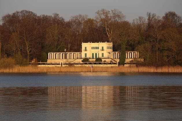 View from Potsdam over the Havel river to the Casino im Park Glienicke in Berlin, 6 April 2020 Casino Glienicke