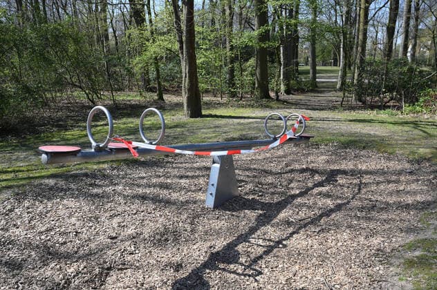06 04 2020, , Childrens playground in Recklinghausen closed due to corona epidemic, closed seesaw Recklinghausen North Rhine-Westphalia Germany Team2