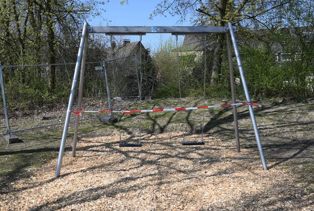 06 04 2020, , Childrens playground in Recklinghausen closed due to the corona epidemic, closed swing Recklinghausen North Rhine-Westphalia Germany Team2