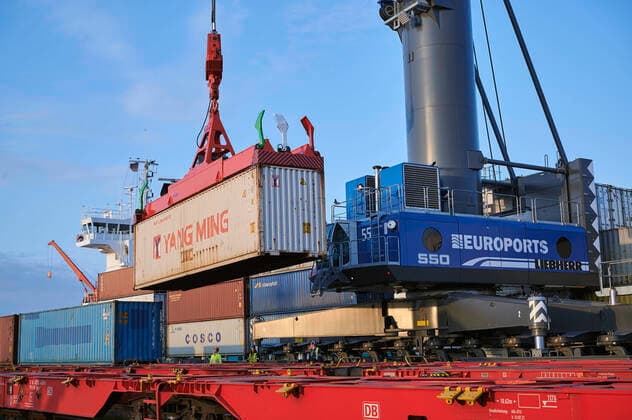 The container ship Dornbusch will be unloaded in the overseas port of Rostock on 7 April 2020 The first 49 containers with industrial and medical goods from Xi™an reached the port of Rostock in the central Chinese province of Shaanxi via the rails and sea route of the New Silk Road The containers travelled by land from China via Kazakhstan, Russia, B Copyright: ThomasxHäntzschelx xnordlicht
