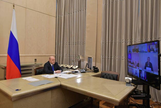 MOSCOW, RUSSIA - APRIL 7, 2020: Russia s Prime Minister Mikhail Mishustin during a video conference meeting at the Russian Government House with members of the Russian State Duma on issues proposed by the Spravedlivaya Rossiya Just Russia party faction. Alexander Astafyev POOL TASS  TS0D4B68