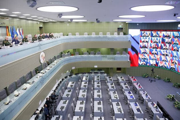 MOSCOW, RUSSIA - APRIL 7, 2020: Attendees during a video conference meeting at the Russian National Defence Management Centre. Alexei Yereshko Russian Defence Ministry Press Office TASS  TS0D4B45