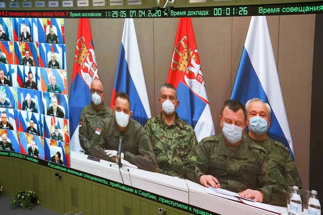 MOSCOW, RUSSIA - APRIL 7, 2020: Attendees during a video conference meeting at the Russian National Defence Management Centre. Alexei Yereshko Russian Defence Ministry Press Office TASS  TS0D4B46