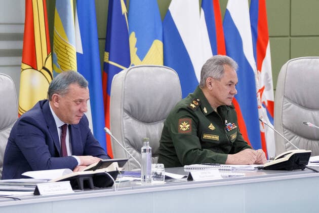 MOSCOW, RUSSIA - APRIL 7, 2020: Russia s Deputy Prime Minister Yuri Borisov (L) and Russia s Defence Minister Sergei Shoigu during a video conference meeting at the Russian National Defence Management Centre. Alexei Yereshko Russian Defence Ministry Press Office TASS  TS0D4B47