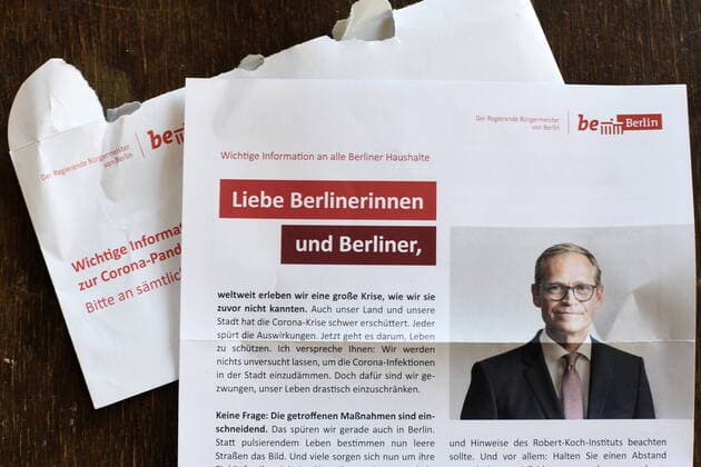 Berlins Governing Mayor Michael Müller has sent 2.2 million letters with a personal message to Berlin households to inform them about measures regarding the corona virus crisis Corona Letter from the Mayor of Berlin