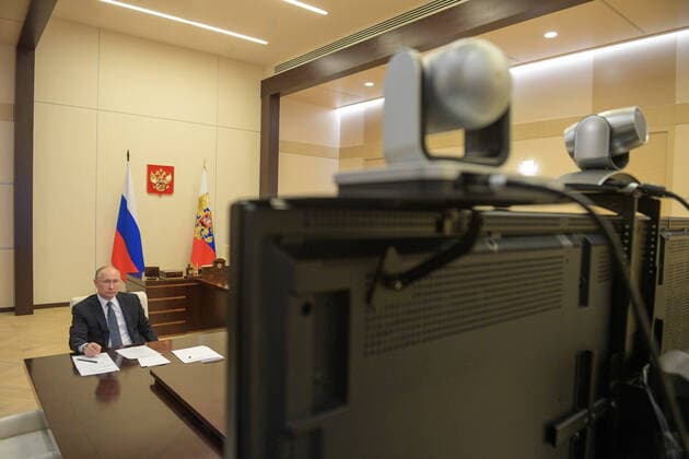 MOSCOW REGION, RUSSIA - APRIL 7, 2020: Russia s President Vladimir Putin during a video conference meeting at the Novo-Ogaryovo residence with experts on the current coronavirus situation and the measures implemented to contain the spread of the COVID-19 infection. Alexei Druzhinin Russian Presidential Press and Information Office TASS  TS0D4BE7