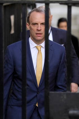 (200407) -- LONDON, April 7, 2020 (Xinhua) -- British Foreign Secretary Dominic Raab arrives at 10 Downing street for the COVID-19 committee meeting in London, Britain, April 7, 2020. British Prime Minister Boris Johnson was taken to intensive care on Monday night after his coronavirus symptoms worsened, Downing Street said. Johnson has asked British Foreign Secretary Dominic Raab to deputize for him, a Downing Street spokesman said. (Photo by Tim Ireland Xinhua) BRITAIN-LONDON-COVID-19 