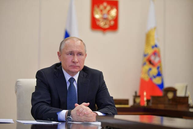 MOSCOW REGION, RUSSIA - APRIL 7, 2020: Russia s President Vladimir Putin during a video conference meeting at the Novo-Ogaryovo residence with experts on the current coronavirus situation and the measures implemented to contain the spread of the COVID-19 infection. Alexei Druzhinin Russian Presidential Press and Information Office TASS  TS0D4BF8