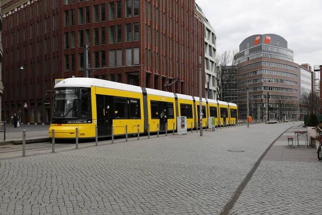 Passing tram at Hackescher Markt in Berlin on 02 04 2020