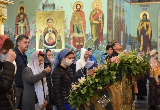 STAVROPOL TERRITORY, RUSSIA - APRIL 7, 2020: Russian Orthodox believers attend a service in the Cathedral of Christ the Saviour Healing An Infirm Man At The Pool of Bethesda, in the city of Pyatigorsk, on the feast day of the Annunciation, during the pandemic of the novel coronavirus (COVID-19). Anton Podgaiko TASS  TS0D4B0C