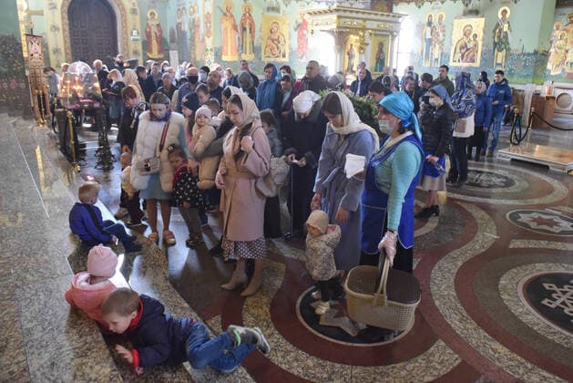 STAVROPOL TERRITORY, RUSSIA - APRIL 7, 2020: Russian Orthodox believers attend a service in the Cathedral of Christ the Saviour Healing An Infirm Man At The Pool of Bethesda, on the feast day of the Annunciation, in the city of Pyatigorsk. Anton Podgaiko TASS  TS0D4B1E