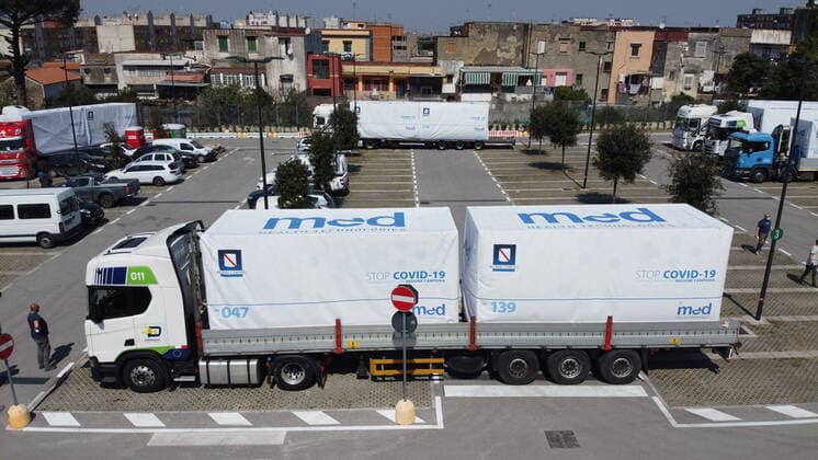 April 7, 2020, Naples, CAMPANIA, ITALY: 07 04 2020 Naples, 50 trucks containing medical equipment have arrived from Veneto for the preparation of the Ospedale del Mare in Ponticelli which will soon become a Covid center. All the material was purchased from the Campania Region. Naples ITALY - ZUMAs236 20200407_zap_s236_058 Copyright: xFabioxSassox