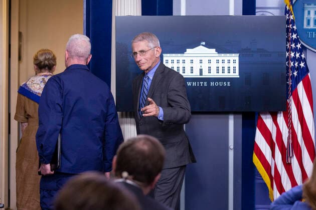 Anthony Fauci, director of the National Institute of Allergy and Infectious Diseases, gestures as he departs a news conference on the COVID-19 pandemic in the James S. Brady Press Briefing Room of the White House in Washington D.C., U.S. on Monday, April 6, 2020. The United States has now reached 10,000 deaths caused by the novel Coronavirus, as officials debate the effectiveness of hydroxychloroquine, a drug used to treat malaria, to also treat the Coronavirus. Copyright: xStefanixReynoldsx xCNPx MediaPunchx
