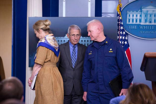 From left to right: Deborah Birx, coronavirus response coordinator, Anthony Fauci, director of the National Institute of Allergy and Infectious Diseases, and Admiral Brett Giroir depart after a news conference on the COVID-19 pandemic in the James S. Brady Press Briefing Room of the White House in Washington D.C., U.S. on Monday, April 6, 2020. The United States has now reached 10,000 deaths caused by the novel Coronavirus, as officials debate the effectiveness of hydroxychloroquine, a drug used to treat malaria, to also treat the Coronavirus. Copyright: xStefanixReynoldsx xCNPx MediaPunchx