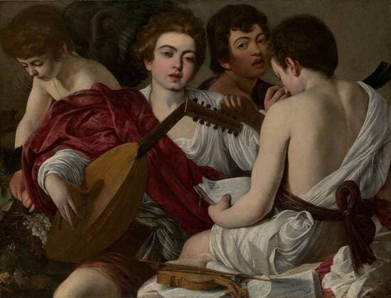 THE MUSICIANS, by Caravaggio, 1597, Italian painting, oil on canvas. In this allegory of music, the figures crowd the painting, and feel close to the viewer. Cupid is shown at left and the second boy from right has Caravaggios face. This canvas was painted for Cardinal Francesco del Monte (BSLOC_2017_14_86) For usage credit please use; !ACHTUNG AUFNAHMEDATUM GESCHÃ„TZT! PUBLICATIONXNOTxINxCANxCHNxFRAxITAxJPNxNORxPOLxRUSxESPxUKxUSA Copyright: xCourtesyxEverettxCollectionx HISL045 EC913