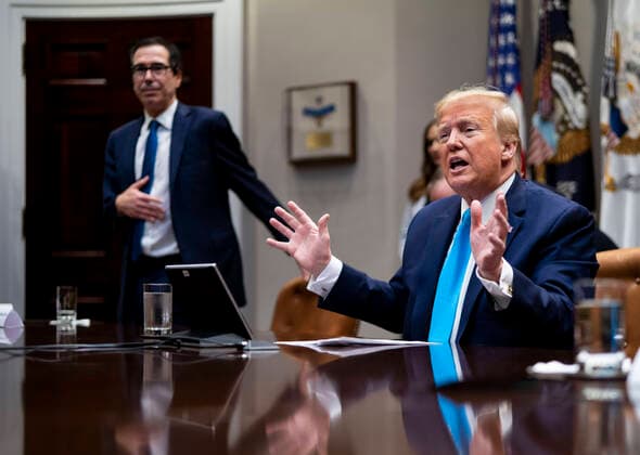 April 7, 2020, Washington, District of Columbia, USA: United States President Donald J. Trump makes remarks with United States Secretary of the Treasury Steven T. Mnuchin looking as he participates in a Small Business Relief Update, Tuesday, April 7, 2020. President Donald Trump announced in March that companies affected by the coronavirus will be given $50 billion more in low-interest loans federally guaranteed by the Small Business Administration Washington USA - ZUMAs152 20200407_zaa_s152_011 Copyright: xDougxMillsx
