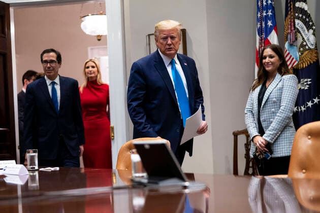 April 7, 2020, Washington, District of Columbia, USA: United States President Donald J. Trump with United States Secretary of the Treasury Steven T. Mnuchin and First Daughter and Advisor to the President Ivanka Trump as they participate in a Small Business Relief Update, Tuesday, April 7, 2020. President Trump announced in March that companies affected by the coronavirus will be given $50 billion more in low-interest loans federally guaranteed by the Small Business Administration. .Credit: Pool via CNP Washington USA - ZUMAs152 20200407_zaa_s152_015 Copyright: xDougxMillsx