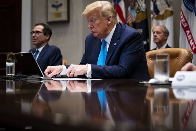 President Donald Trump makes remarks as he participates in a Small Business Relief Update at the White House on Tuesday, April 7, 2020 in Washington, D.C. President Donald Trump announced in March that companies affected by the coronavirus will be given $50 billion more in low-interest loans federally guaranteed by the Small Business Administration.  WAX20200407301 DOUGxMILLS