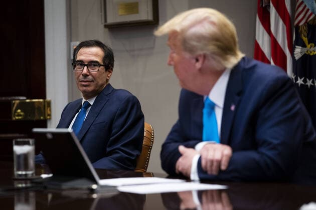 Treasury Secretary Steve Mnuchin (L) and President Donald Trump make remarks as they participates in a Small Business Relief Update at the White House on Tuesday, April 7, 2020 in Washington, D.C. President Donald Trump announced in March that companies affected by the coronavirus will be given $50 billion more in low-interest loans federally guaranteed by the Small Business Administration.  WAX20200407303 DOUGxMILLS