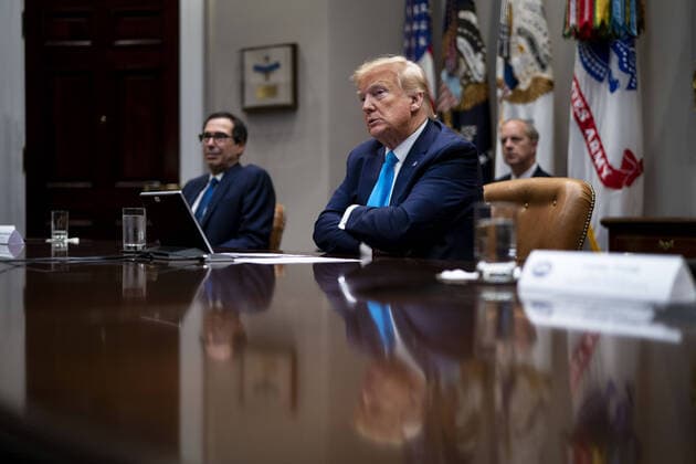 President Donald Trump makes remarks as he participates in a Small Business Relief Update at the White House on Tuesday, April 7, 2020 in Washington, D.C. President Donald Trump announced in March that companies affected by the coronavirus will be given $50 billion more in low-interest loans federally guaranteed by the Small Business Administration.  WAX20200407305 DOUGxMILLS