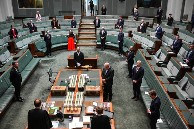 CORONAVIRUS LEGISLATION PARLIAMENT, Australian Prime Minister Scott Morrison reacts during a parliamentary sitting under rules of social distancing in the House of Representatives at Parliament House in Canberra, Wednesday, April 8, 2020. ( NO ARCHIVING, EDITORIAL USE ONLY, NO USE IN BOOKS WITHOUT CONSENT CANBERRA ACT AUSTRALIA  Copyright: xLUKASxCOCHx 20200408001462289390