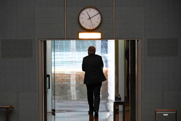 CORONAVIRUS LEGISLATION PARLIAMENT, Australian Prime Minister Scott Morrison leaves the chamber after the introduction of the Coronavirus Economic Response Package during a parliamentary sitting under rules of social distancing in the House of Representatives at Parliament House in Canberra, Wednesday, April 8, 2020. ( NO ARCHIVING, EDITORIAL USE ONLY, NO USE IN BOOKS WITHOUT CONSENT CANBERRA ACT AUSTRALIA  Copyright: xLUKASxCOCHx 20200408001462292587
