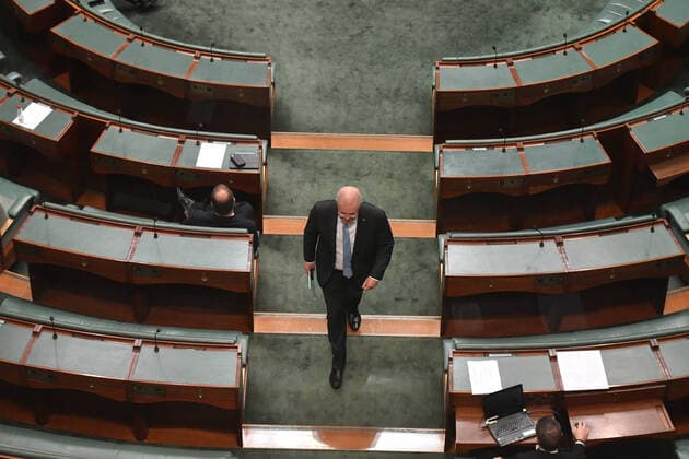 CORONAVIRUS LEGISLATION PARLIAMENT, Prime Minister Scott Morrison leaves after speaking during a parliamentary sitting under rules of social distancing in the House of Representatives at Parliament House in Canberra, Wednesday, April 8, 2020. ( NO ARCHIVING, EDITORIAL USE ONLY, NO USE IN BOOKS WITHOUT CONSENT Canberra ACT AUSTRALIA  Copyright: xMICKxTSIKASx 20200408001462295229